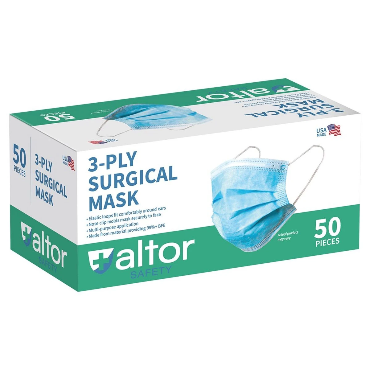 Altor Safety Surgical Mask With Plastic Nose Wire 62212P, 3-Ply ASTM Level 1, USA Made - Box Of 50